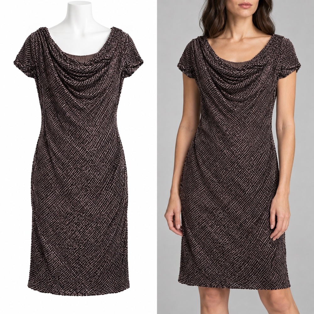 Nicole Farhi Dress Womens S Brown Black Flocked Velvet Cowl Neck Short Sleeve
